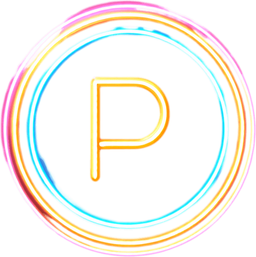 neon circle with a 'p'.
Single Game Texture.  In-Game asset.  2d.  Blank background.  High contrast.  No shadows