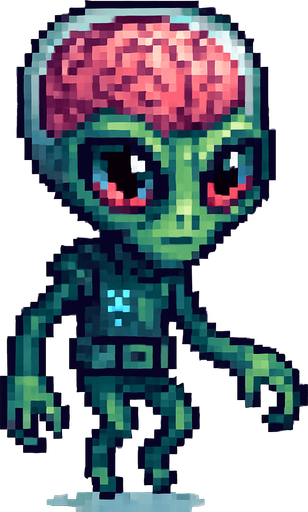 El alien debe ser un personaje de aspecto inteligente y misterioso en estilo pixel art, con una gran cabeza semitransparente que permita ver un cerebro rosado o verdoso expuesto, con textura simple y líneas marcadas que lo hagan reconocible; los ojos deben ser grandes, brillantes y expresivos, de color azul, morado o rojo, transmitiendo inteligencia o curiosidad; su cuerpo debe ser delgado o compacto, con brazos largos o dedos visibles, de color verde, gris o púrpura, con detalles mínimos como placas, símbolos alienígenas o un cinturón tecnológico; puede flotar o tener animación de levitación, con fondo transparente y un estilo que combine lo caricaturesco con lo ligeramente inquietante, perfecto para un juego de ciencia ficción o niveles espaciales..
In-Game asset.  2d.  High contrast.  No shadows