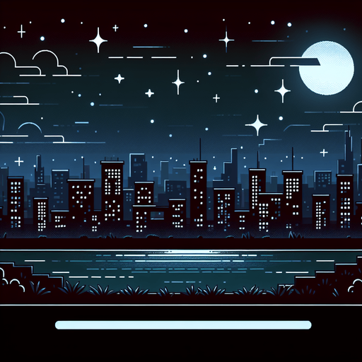 City, night with moon and stars.
Single Game Texture. In-Game asset. 2d. Blank background. High contrast. No shadows.
