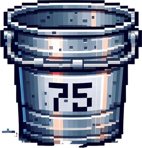 silver bucket with 75 text on it
. front view. Single Game Texture. In-Game asset. 2d. Blank background. High contrast. No shadows. pixel. 8 bit