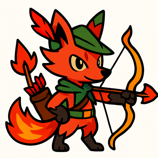 Um monstrinho Raposa+Lobó Guará+Robinwood do tipo Fogo inspirado em Pokémon e Digimon estilo Arqueiro.
In-Game asset.  2d.  High contrast.  No shadows