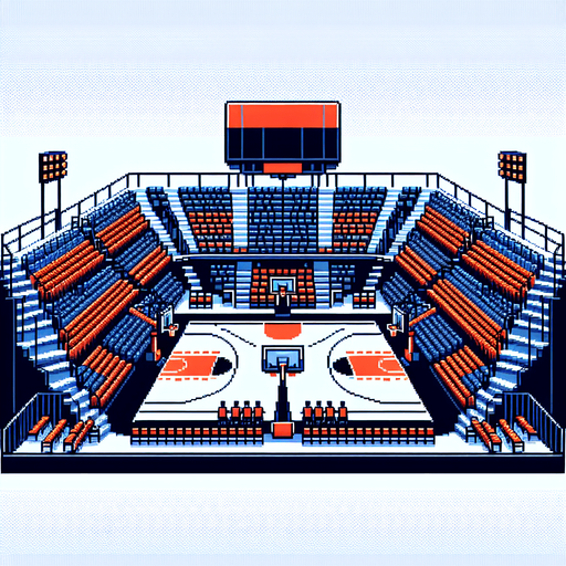 pixel art basketball arena seen from the floor.
Single Game Texture. In-Game asset. 2d. Blank background. High contrast. No shadows.