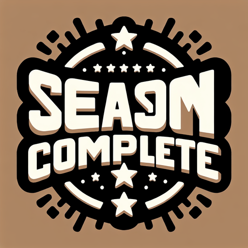 Create a SVG text design in bold cartoon style: "SEASON COMPLETE!" in chunky rounded letters with stars around it .
Single Game Texture. In-Game asset. 2d. Blank background. High contrast. No shadows.