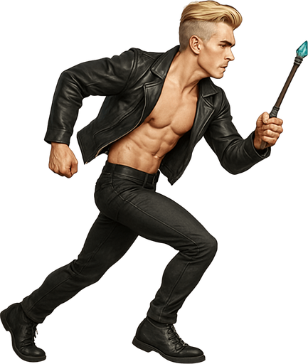 Blonde undercut pompadour black leather biker jacket longsleeves holding magic wand teal gemstone tip shirtless skinny toned abs pecs Switch arm positions, arm crossed in front of body, profile side view, running, Background removed, "Full-body character, entirely in frame, no cropping of face, head, or feet" "Complete character visible, from head to toe, fully centered in the image" "Entire character, including face and shoes, fully within the frame" Character fully contained within a square frame, no edges cut off