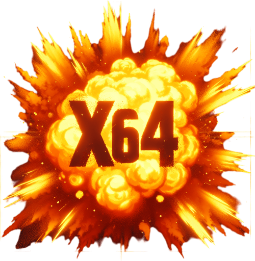爆炸，里面有“X64”的字样,暖色调.
Single Game Texture. In-Game asset. 2d. Blank background. High contrast. No shadows.