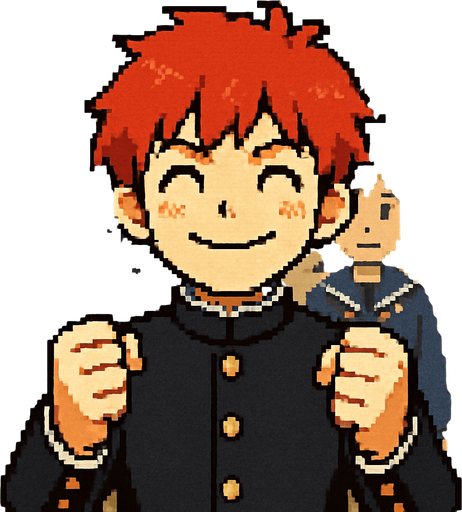 A cute 15-year-old red-haired boy with red eyes, wearing a traditional Japanese school uniform (gakuran). He has a big closed-mouth smile, shining eyes, and clenched fists held forward, as if encouraging himself. Behind him, other Japanese students can be seen. The scene is illustrated in Pixel Art style..
In-Game asset.  2d.  High contrast.  No shadows