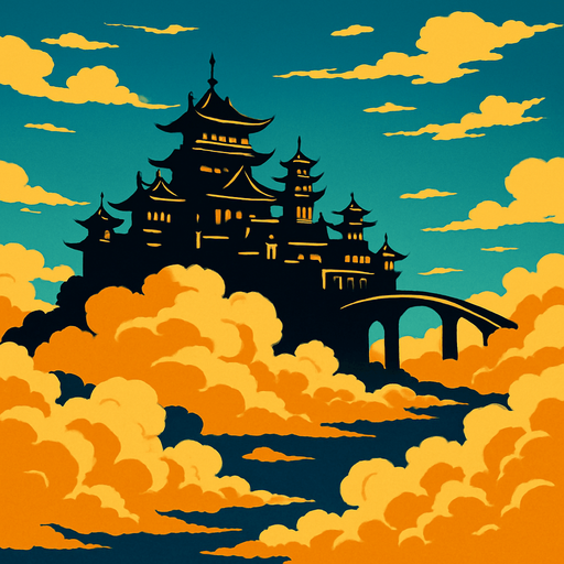 dari jauh terlihat istana langit di atas awan luas versi fantasy china.
In-Game asset.  2d.  High contrast.  No shadows