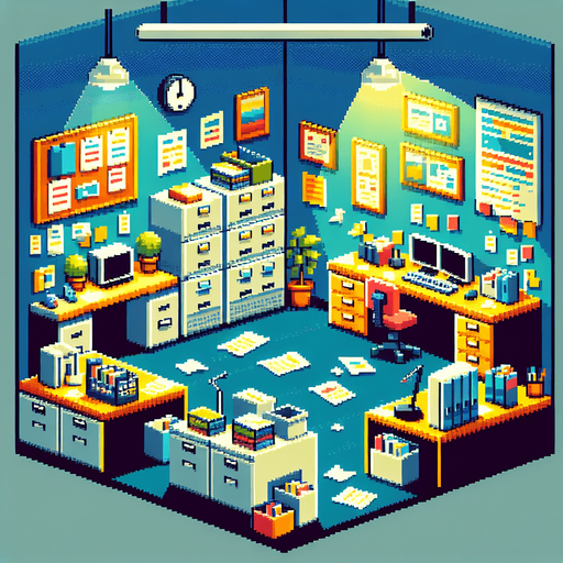 Single Game Texture. In-Game asset. 2D. Blank background. High contrast. No shadows. A pixel-art retro office background featuring cubicles, filing cabinets, and scattered papers. The design is simple but vibrant, with blocky shapes and bright colors suitable for a static 2D game environment..
Single Game Texture. In-Game asset. 2d. Blank background. High contrast. No shadows.