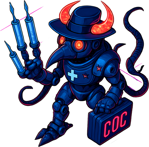Neon cyberpunk anime top down isometric animatronic plague doctor cyborg demon medic CDC corporate robot monster disease pestilence medicine syringes Walking