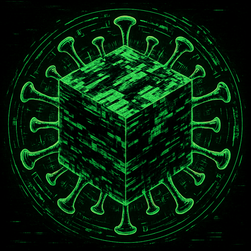 massive cube-shaped virus, distorted glitch surfaces, holographic data streams, topdown view, green and black colors, digital corruption texture, symmetrical, circular.
In-Game asset.  2d.  High contrast.  No shadows