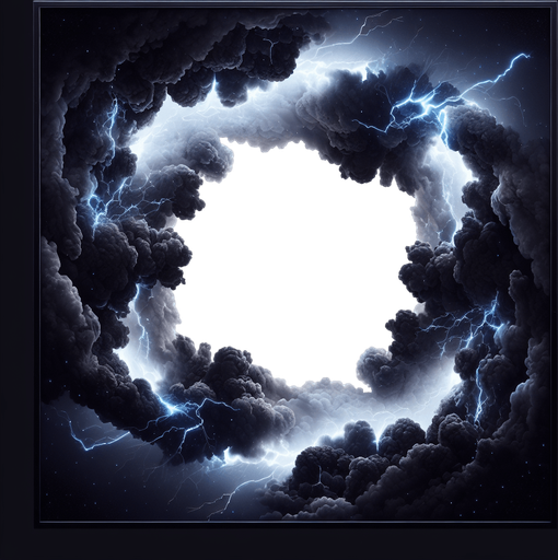 frame made of dark clouds, some blue sparks, it fill the complete screen, in the center is white only, on white background