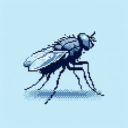 Simple side view of a pixel art fly on a sky blue background 
Single Game Texture. In-Game asset. 2d. Blank background. High contrast. No shadows.