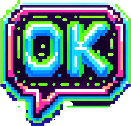 pixel art speech bubble that says "Ok" neon color..
Single Game Texture. In-Game asset. 2d. Blank background. High contrast. No shadows.