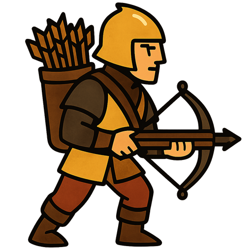 A human with a golden helmet, crossbow and a big bucket full of arrows in his back.
In-Game asset.  2d.  High contrast.  No shadows