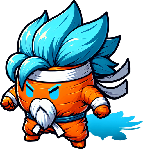 Design a 2D flat vector illustration of a short, carrot-shaped kung-fu master. The compact orange carrot body tapers neatly but is more compressed, emphasizing its chubby and endearing proportions. It features spiky blue Saiyan-style hair on top, radiating energy, and a long flowing white beard that signifies wisdom. A martial arts belt is tied around its middle, and a snug bandana completes its disciplined look. With sharp, focused eyes and a determined expression, it stands on two small, rounded feet, blending cuteness with a commanding presence..
Single Game Texture. In-Game asset. 2d. Blank background. High contrast. No shadows.
