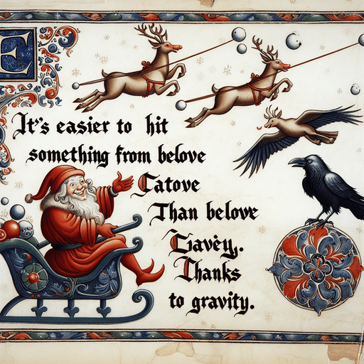 a pergament with santa on a sledge and his flying reindeers throwing a snowball to a raven. There is the text: "Its easier to hit something from above than below. Thanks to gravity."