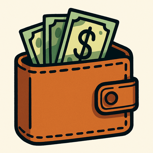 İçinde birkaç dolar olan cüzdan.
In-Game asset.  2d.  High contrast.  No shadows