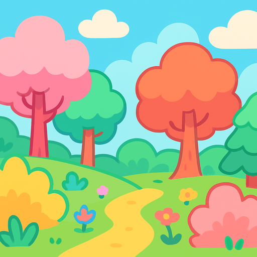 Un fondo colorido y brillante estilo caricatura. La escena es un bosque abierto alegre con colores pastel vibrantes, formas suaves y redondeadas, y un cielo azul claro con nubes esponjosas. El estilo es kawaii, juguetón y fantástico, con líneas suaves y una atmósfera feliz y amigable, perfecto para una introducción divertida y cute de un juego.
In-Game asset.  2d.  High contrast.  No shadows