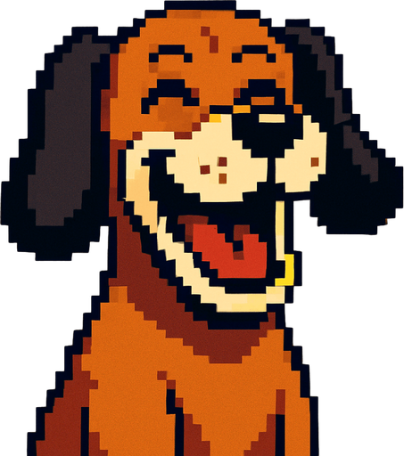 pixart brown hunting dog with black ears and white mouth laughing.
In-Game asset.  2d.  High contrast.  No shadows