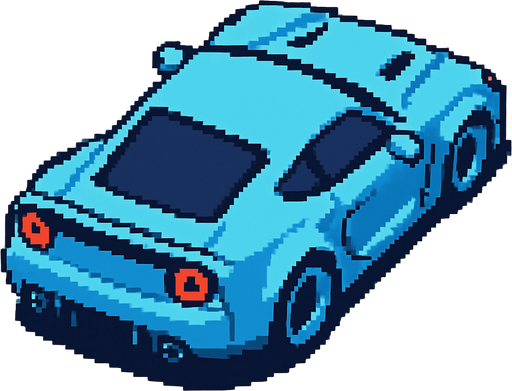 auto celeste deportivo con perspectiva desde arriba y trasera hecho con pixeles.
In-Game asset.  2d.  High contrast.  No shadows