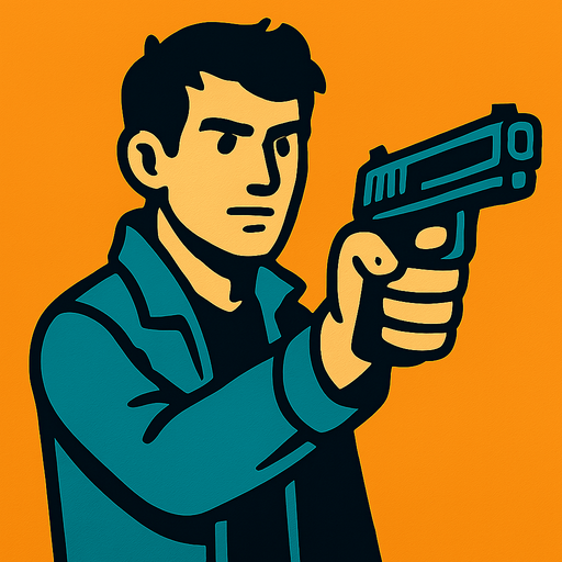 A guy with a gun.
In-Game asset.  2d.  High contrast.  No shadows