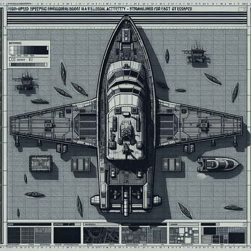 horizontal top down image drugs 
smugler super boat.
Single Game Texture.  In-Game asset.  2d.  Blank background.  High contrast.  No shadows