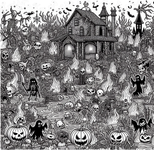 Generate a high quality cartoon background Halloween image on a black canvas similar to the format of where is waldo with a hellish environment.
Single Game Texture. In-Game asset. 2d. Blank background. High contrast. No shadows.