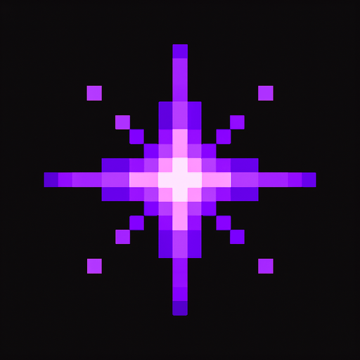 Genera una imagen de un destello brillante morado pixel.
In-Game asset.  2d.  High contrast.  No shadows