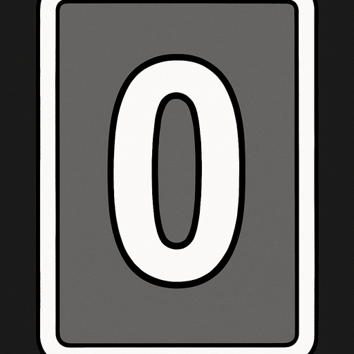 Rectangular card numbered 0, with a white border around it and a gray background..
In-Game asset.  2d.  High contrast.  No shadows
