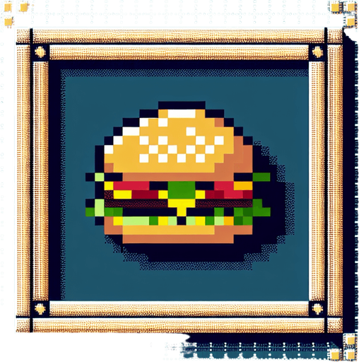 burger.
Single Game Texture. In-Game asset. 2d. Blank background. High contrast. No shadows. 8bit. no background.