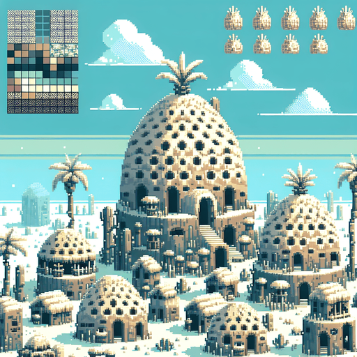 Create a minimal and stylized 8-bit pixelated background of an alien village made of pineapple-shaped huts, viewed from a distance so the buildings appear small and occupy a small lower part of the background. The sky should be light blue and occupy the majority of the image, with the huts constructed from various fruits and having primitive shapes. Use a softer color palette to ensure the background does not distract from the main game elements, capturing the essence of classic 8-bit era video games.
Single Game Texture. In-Game asset. 2d. Blank background. High contrast. No shadows.