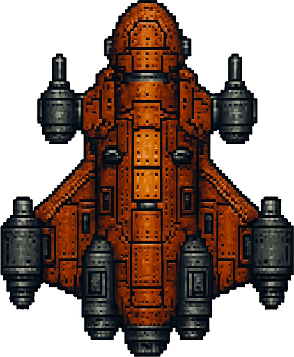 Бронированный летающий корабль звездолет пиксельный вид сверху 2д.
In-Game asset.  2d.  High contrast.  No shadows