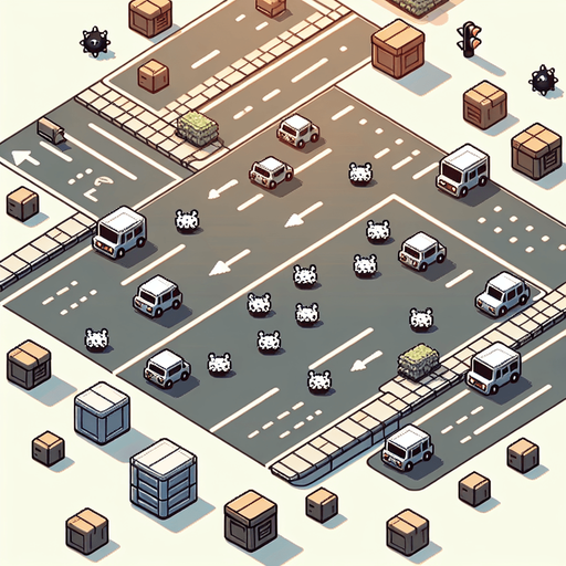 UMA rua de dia com caixas na estrada com bolinha pretas com chifres branco pequenos,jogo 2d.
Single Game Texture. In-Game asset. 2d. Blank background. High contrast. No shadows.