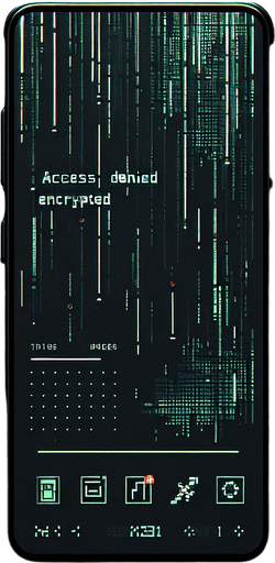 Create a minimalistic hacked mobile phone background with a solid black base. Add subtle glitch effects like faint pixel distortions and soft horizontal lines. Incorporate low-opacity green Matrix-style symbols cascading or scattered sparsely in the background. Include fragmented text elements like "Access Denied" or "Encrypted" in a modern, faint font. Use small red accents to emphasize the seriousness of the hack while maintaining ample negative space. Ensure all elements are subtle to avoid overshadowing foreground app icons..
Single Game Texture. In-Game asset. 2d. Blank background. High contrast. No shadows.