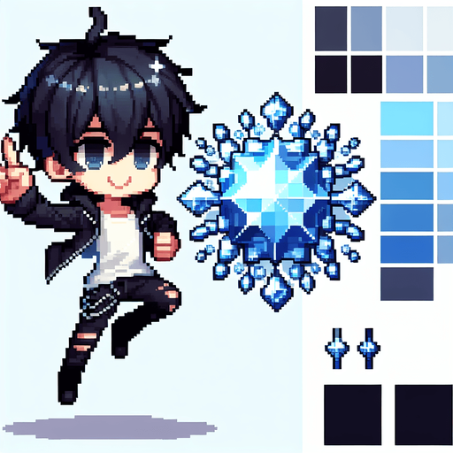 pixel person with black hair, black pants, black eyes, and blue clothes making a V with hands jumping in a rain of diamonds.
Single Game Texture.  In-Game asset.  2d.  Blank background.  High contrast.  No shadows