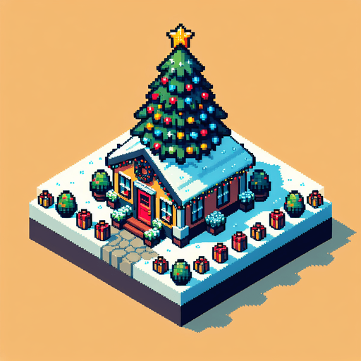 overhead view of simple box house christmas decorations giant christmas tree out front video game asset 2d blank background Single Game Texture. In-Game asset. 2d. Blank background. High contrast. No shadows.