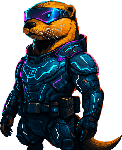 Create a hyper-detailed digital illustration of a sleek, golden-furred otter standing confidently in a neon-lit cyberpunk city at night. The otter wears high-tech armor with glowing blue and magenta circuitry patterns, a visor with holo-display reflections, and a utility belt of futuristic gadgets. Rain slicks the wet street beneath its feet, and towering skyscrapers with animated billboards loom behind. Moody atmosphere, vibrant neon color palette, cinematic lighting, 4K resolution, game-ready character portrait..
In-Game asset.  2d.  High contrast.  No shadows