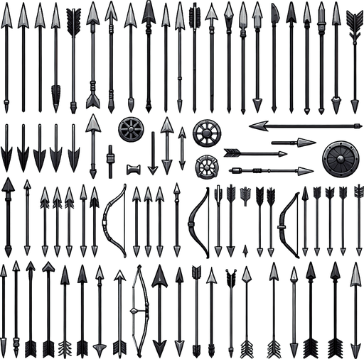 A spritesheet showing a number of different medieval or viking age arrows.
Single Game Texture. In-Game asset. 2d. Blank background. High contrast. No shadows.