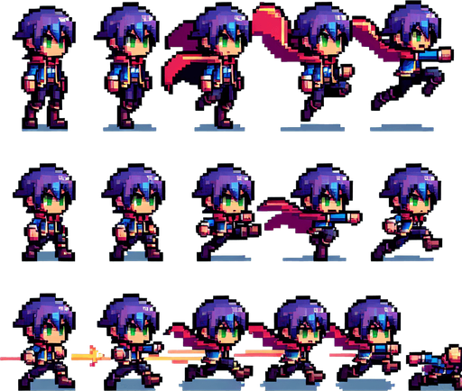 pixelate game hero character, in idle animations, jumping animations, and running animations.
Single Game Texture. In-Game asset. 2d. Blank background. High contrast. No shadows.