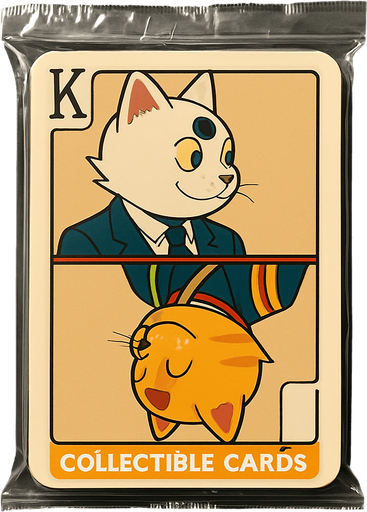 A booster pack of collectible cards in the plastic packaging. On the package is a picture of these two cats as if they are the King on a card in a deck of regular playing cards. The white one is on top facing left and the bottom one is the mirror facing right, side profile, just like a king on a regular playing card. There is a K in the top left corner to mark the King, but no suit.
