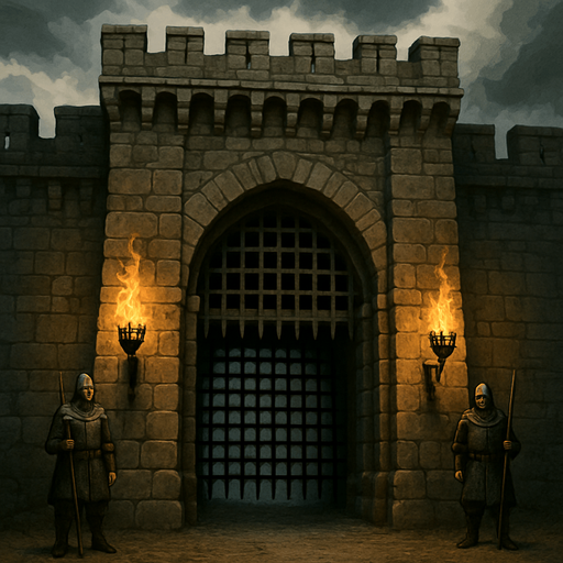 A massive medieval stone gate with iron portcullis, guards watching travelers, torches burning in brackets, heavy clouds above, realistic.
In-Game asset.  2d.  High contrast.  No shadows