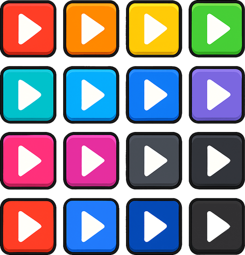 a sprite sheet for a 2D illustration of colored square buttons containing a minimalistic triangle arrow inside them, for a rythm based musical casual mobile game.
In-Game asset.  2d.  High contrast.  No shadows