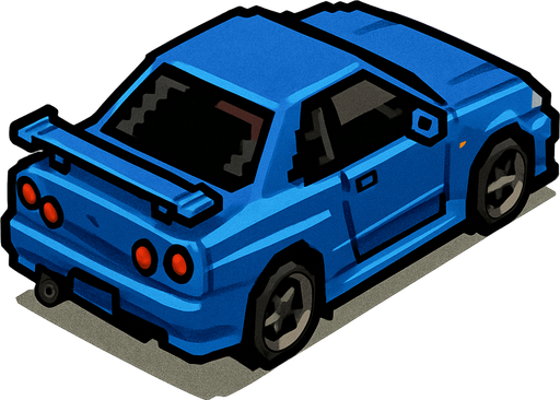 nissan gtr r34, seen from rear right

Top-down, gta2, Single Game Texture. In-Game asset. 2d. Blank background. High contrast. No shadows.isometric