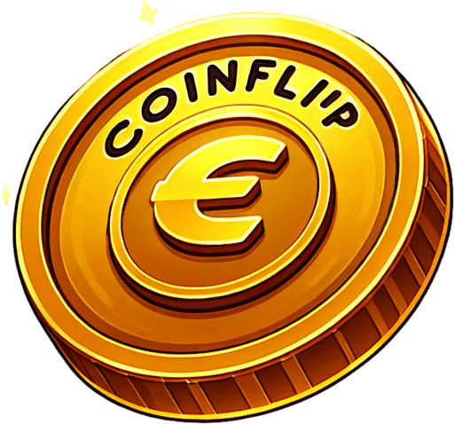 a gold coin saying 'coinflip'.
In-Game asset. 2d. Blank background. High contrast.