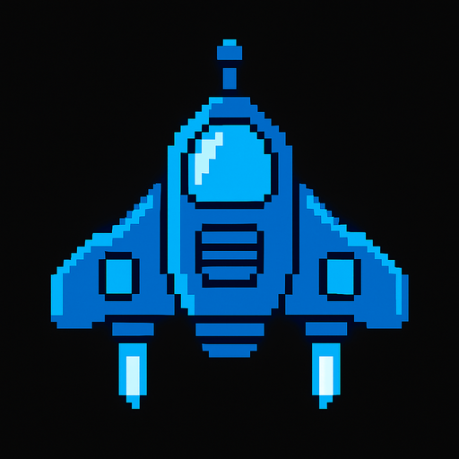 Mavi renkli 2D retro bir uzay gemisi.
In-Game asset.  2d.  High contrast.  No shadows