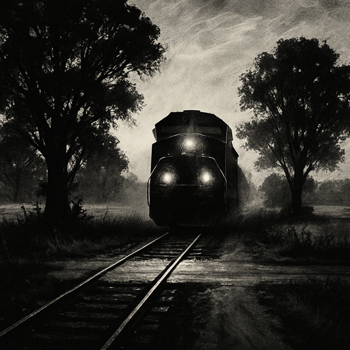 A train is coming down a narrow railway track that cuts through a rural road, surrounded by trees and open fields. It's early morning with light mist, headlights of the train glowing, and a sense of motion as the train approaches..
2d.  High contrast