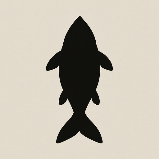 The dark shadow  silhouette of a fish. Top down view.
In-Game asset.  2d.  High contrast.  No shadows