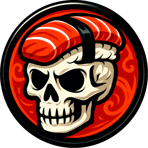 Genera una imagen de un sushi con cara de calavera, que sea un botón circular y que se vea muy epico.
In-Game asset.  2d.  High contrast.  No shadows