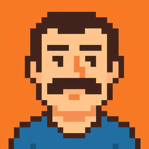 A man with a mustache. In the style of Pixek Art..
In-Game asset.  2d.  High contrast.  No shadows