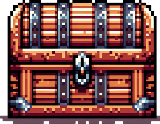 A wooden treasure chest.  Front view. Pixel art..
Single Game Texture.  In-Game asset.  2d.  Blank background.  High contrast.  No shadows